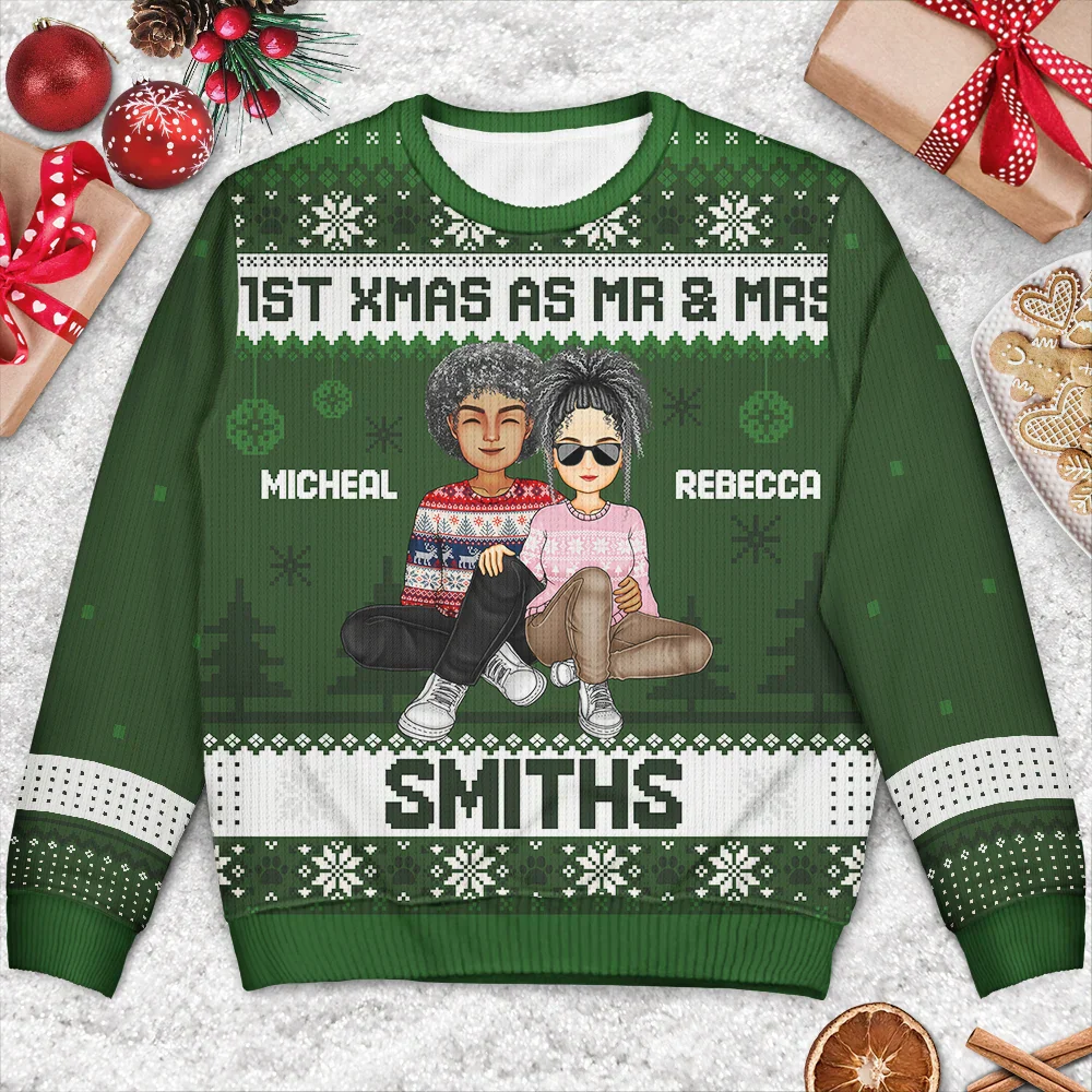 1st Xmas As Mr & Mrs Cartoon Couple - Personalized Unisex Ugly Sweater - Image 3