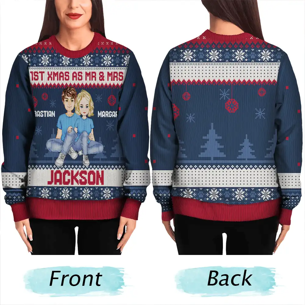 1st Xmas As Mr & Mrs Cartoon Couple - Personalized Unisex Ugly Sweater - Image 5