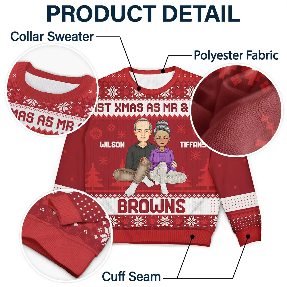 1st Xmas As Mr & Mrs Cartoon Couple - Personalized Unisex Ugly Sweater - Image 6