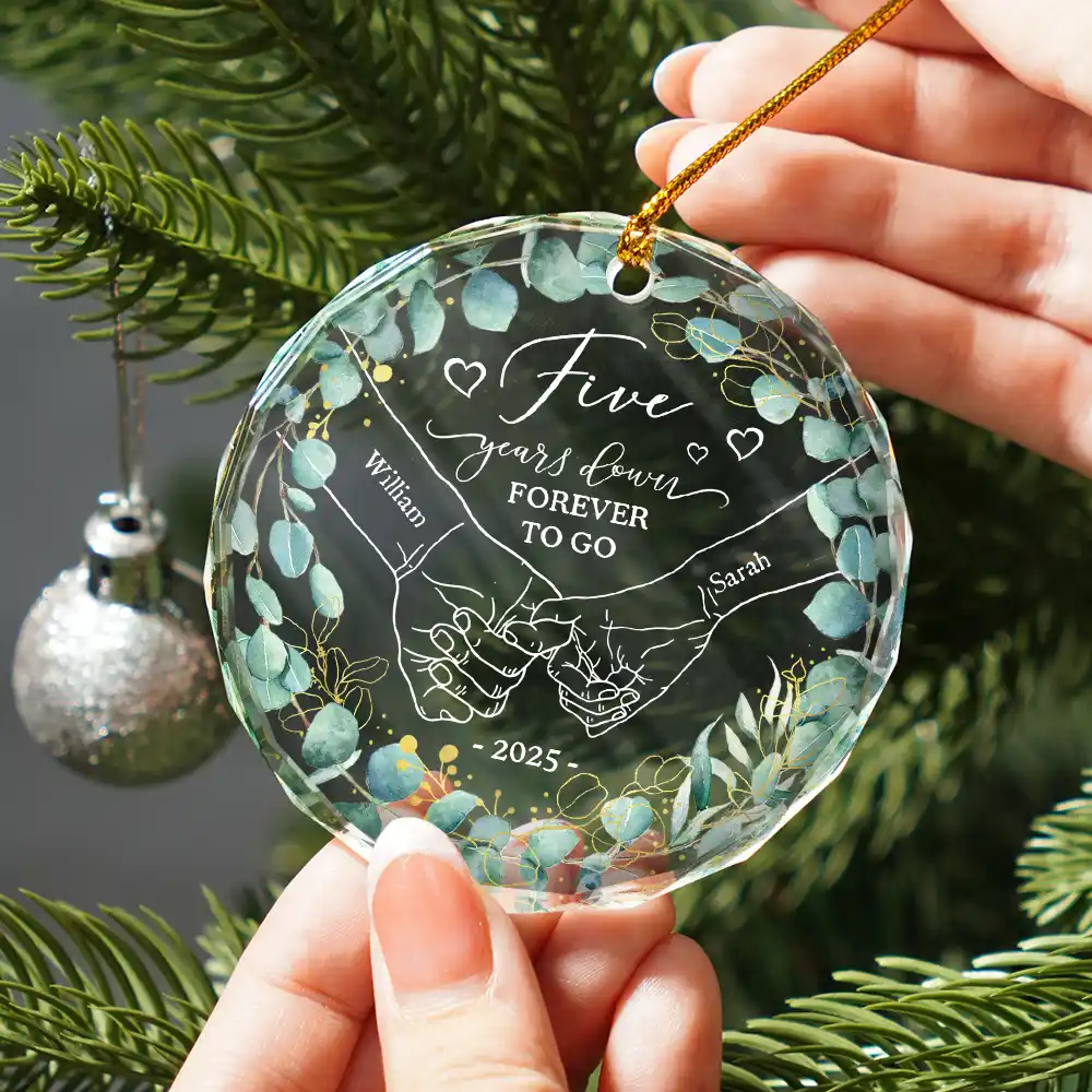 1st Year Anniversary 1 Year Down Forever To Go Holding Hands - Personalized Circle Glass Ornament - Image 2