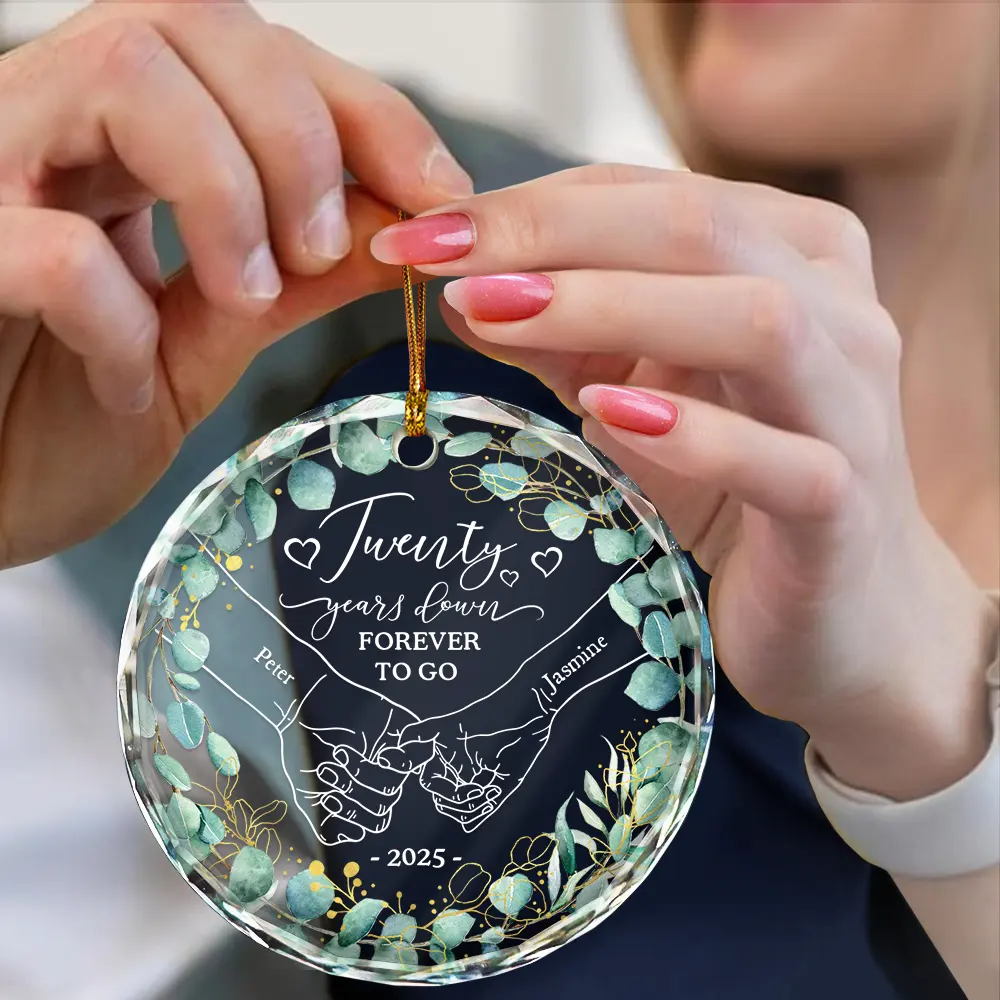 1st Year Anniversary 1 Year Down Forever To Go Holding Hands - Personalized Circle Glass Ornament - Image 4