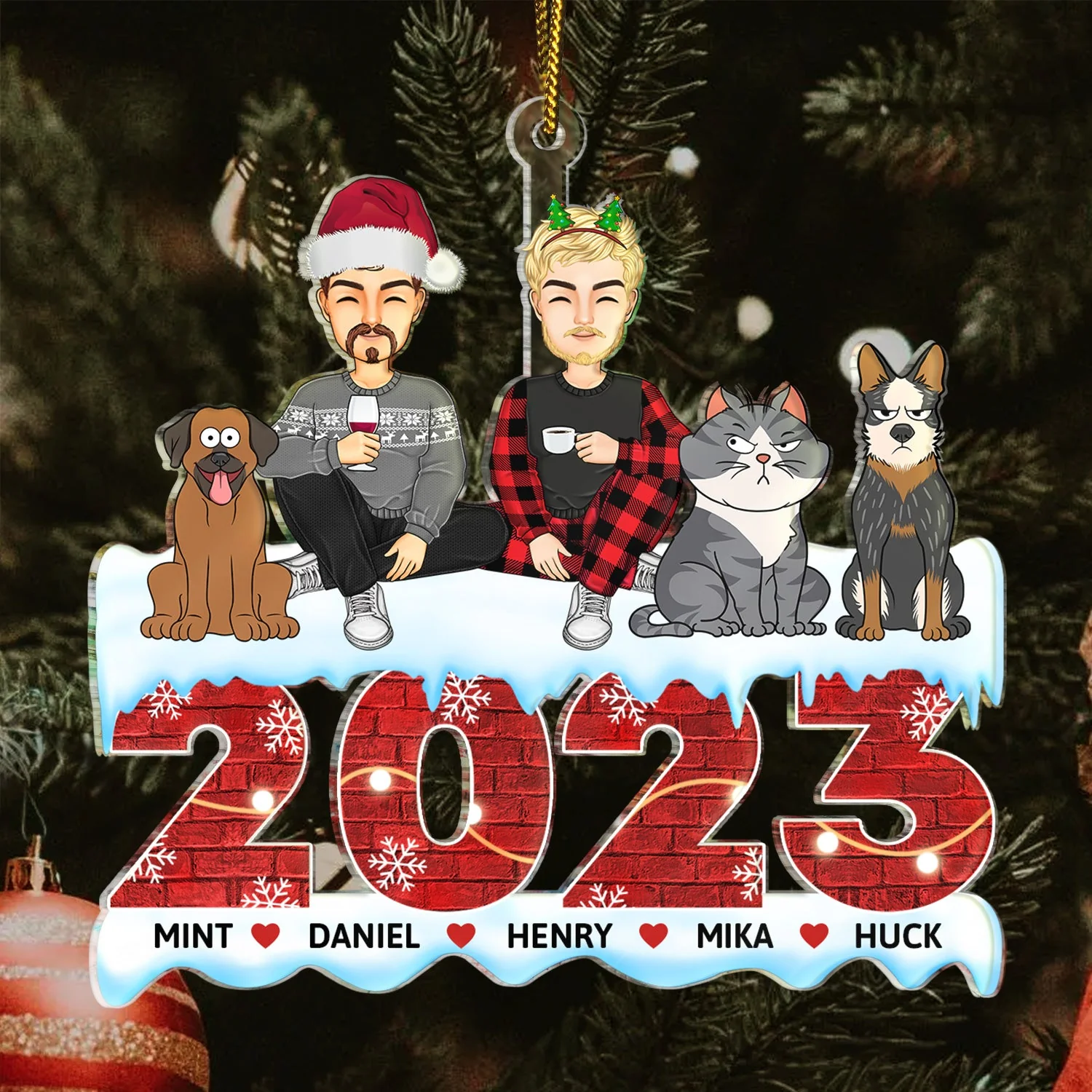 2023 Cartoon Family - Christmas Gift For Couples, Dog Lovers, Cat Lovers, Pet Lovers - Personalized Cutout Acrylic Ornament - Image 3