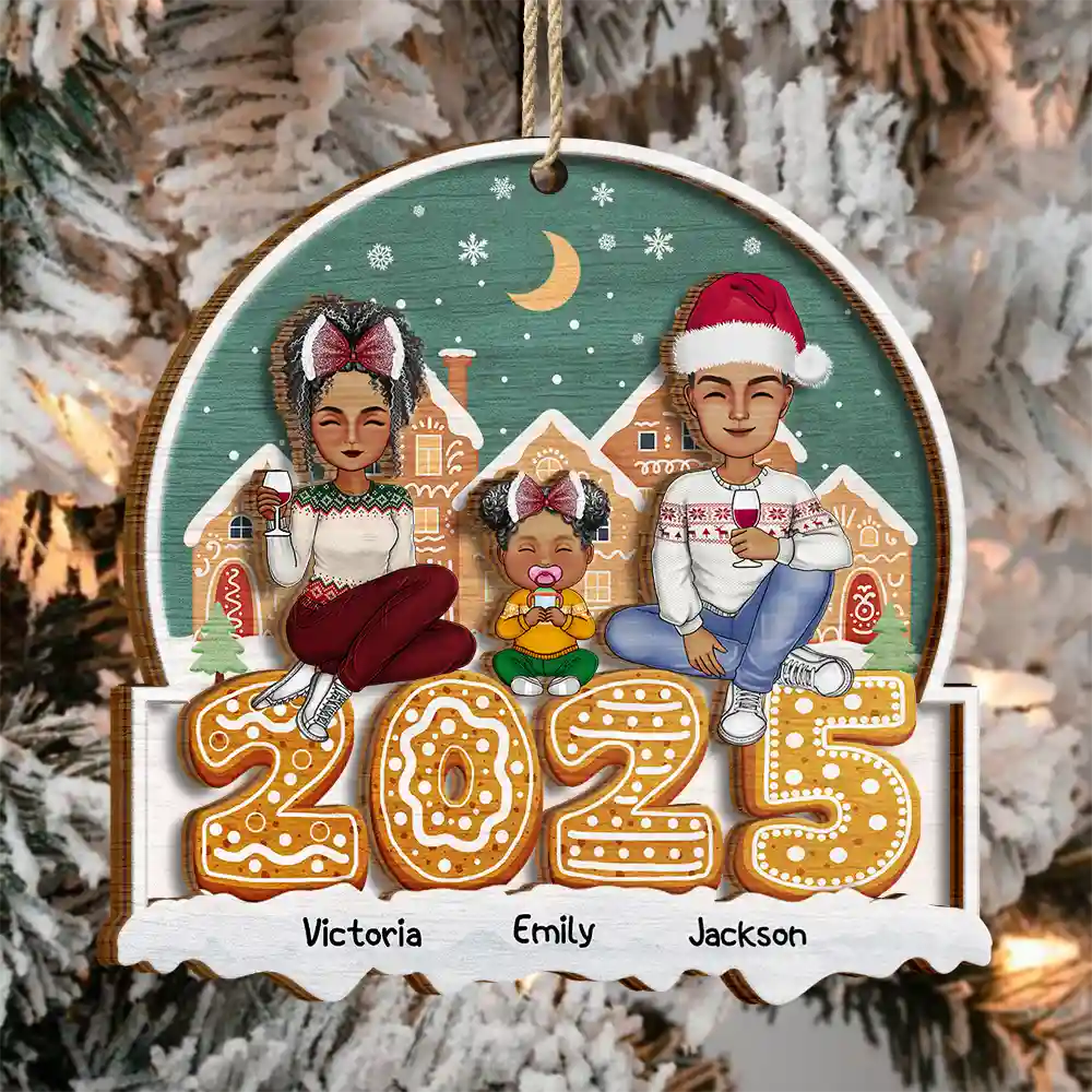 2025 Cartoon Family And Pet Gingerbread Cookies - Personalized 2-Layered Wooden Ornament - Image 3