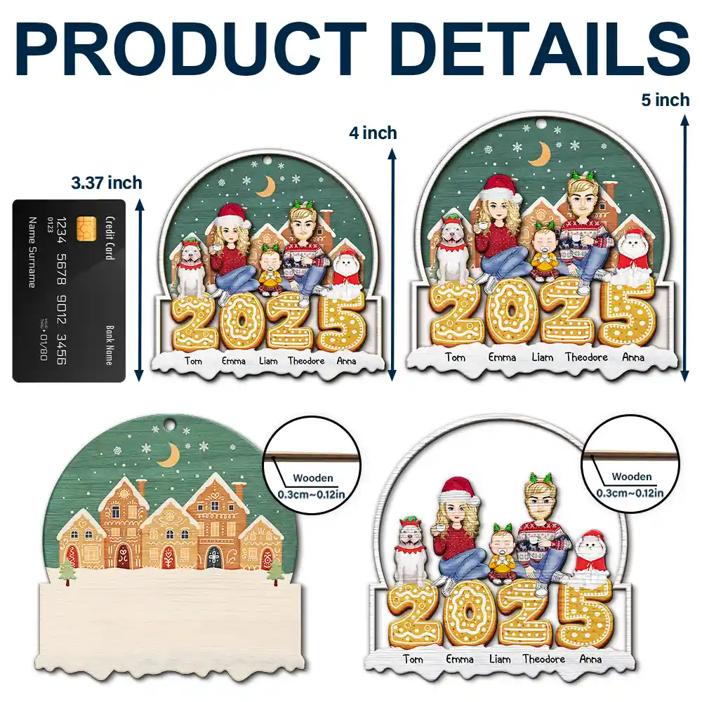 2025 Cartoon Family And Pet Gingerbread Cookies - Personalized 2-Layered Wooden Ornament - Image 5