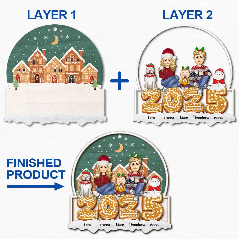 2025 Cartoon Family And Pet Gingerbread Cookies - Personalized 2-Layered Wooden Ornament - Image 6