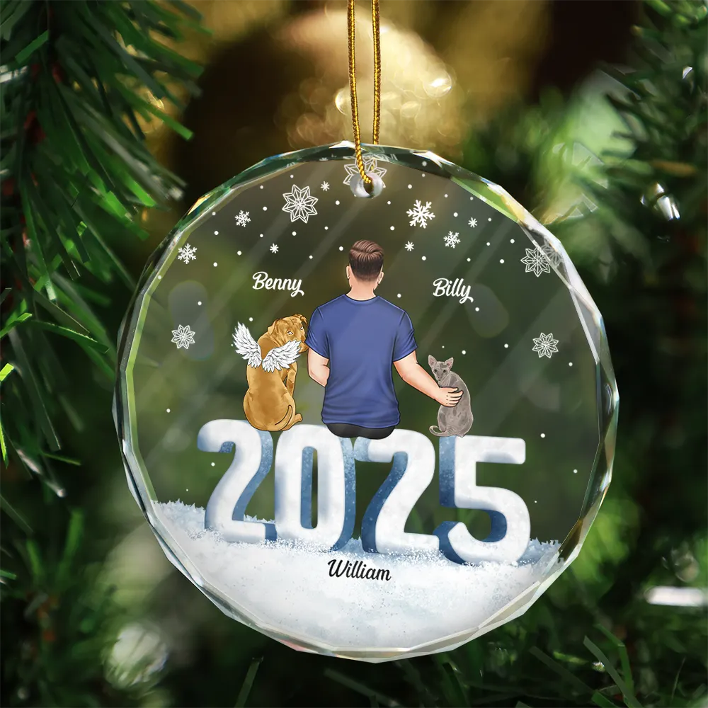 Christmas Loving Couple Dog Cat - Personalized Circle Glass Ornament - Image 3