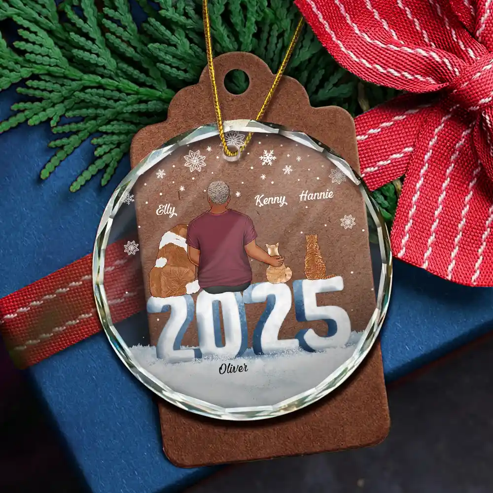 Christmas Loving Couple Dog Cat - Personalized Circle Glass Ornament - Image 5