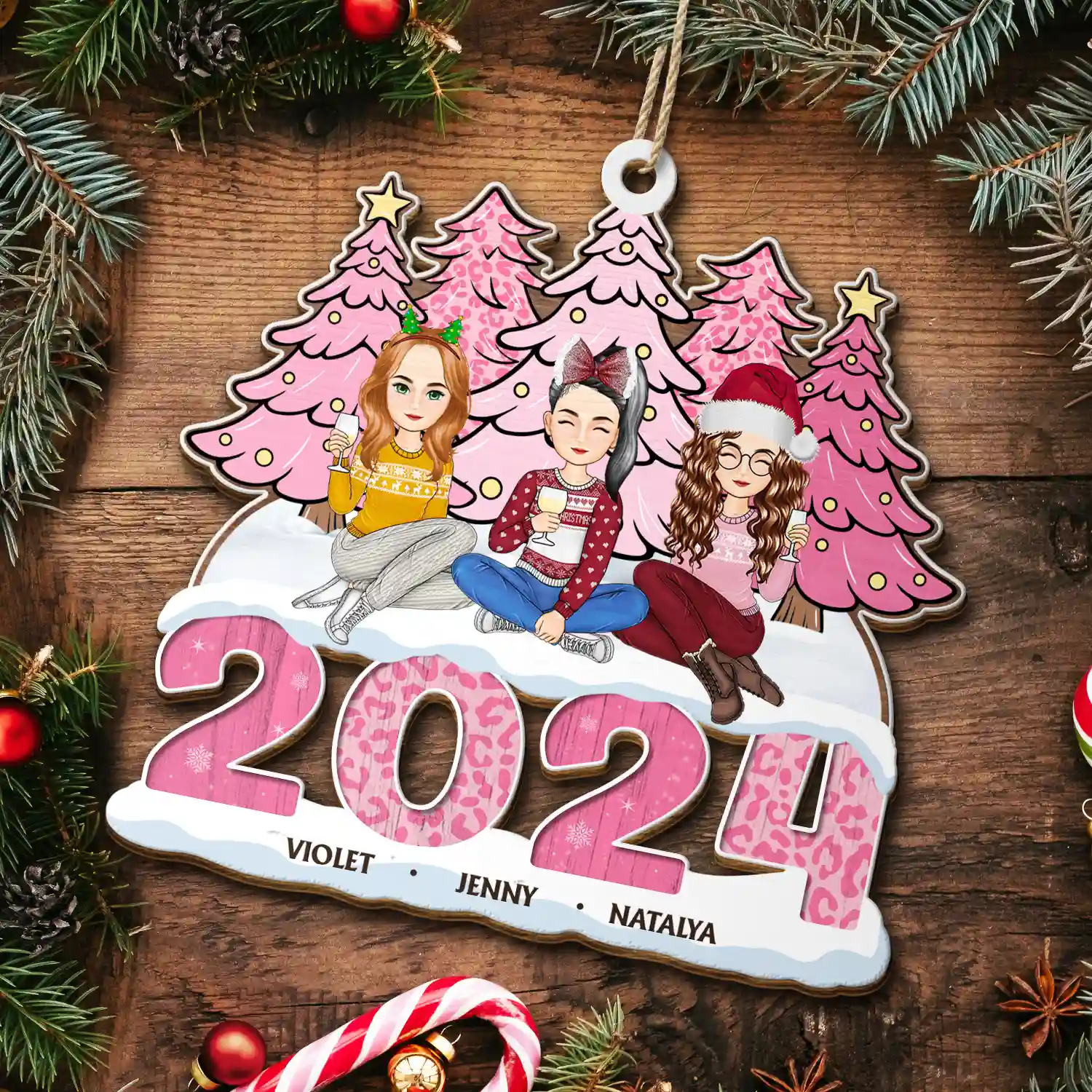 2024 Christmas Sisters Besties Forever - Personalized Wooden Cutout Ornament - Image 5