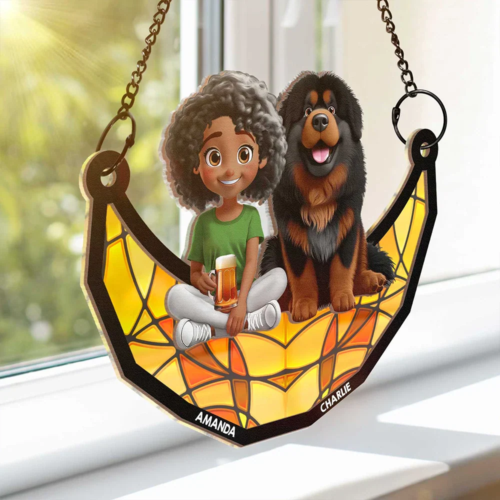 3D Cartoon Dog And Women Sit On The Moon - Personalized Window Hanging Suncatcher Ornament - Image 3