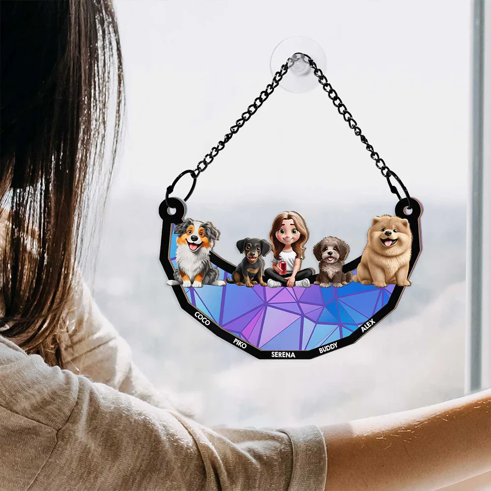 3D Cartoon Dog And Women Sit On The Moon - Personalized Window Hanging Suncatcher Ornament - Image 4