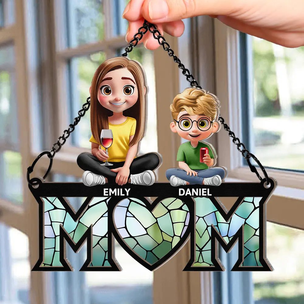 3D Cartoon Young Mom and Kids - Personalized Window Hanging Suncatcher Ornament - Image 2