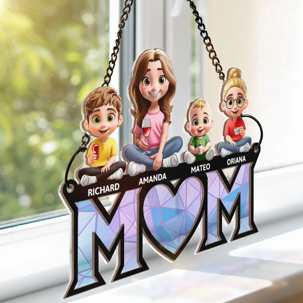 3D Cartoon Young Mom and Kids - Personalized Window Hanging Suncatcher Ornament - Image 4