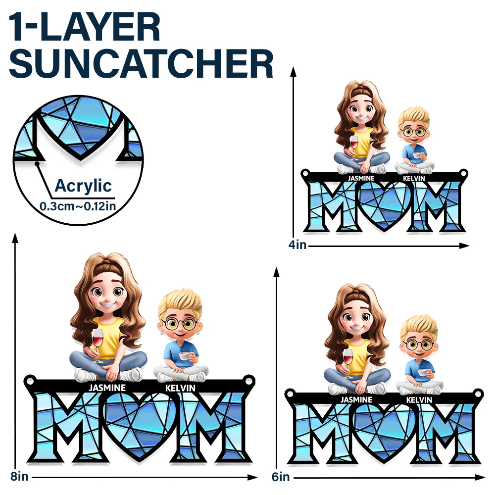 3D Cartoon Young Mom and Kids - Personalized Window Hanging Suncatcher Ornament - Image 5