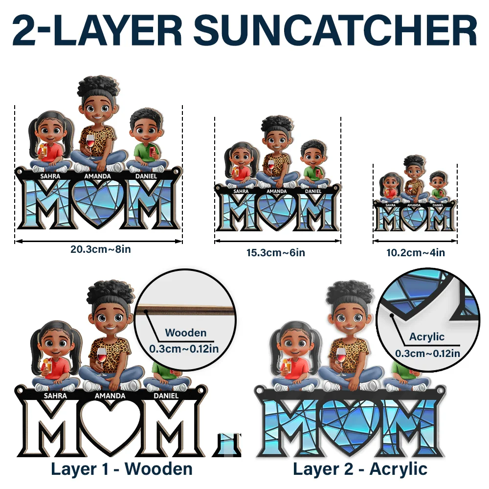 3D Cartoon Young Mom and Kids - Personalized Window Hanging Suncatcher Ornament - Image 6