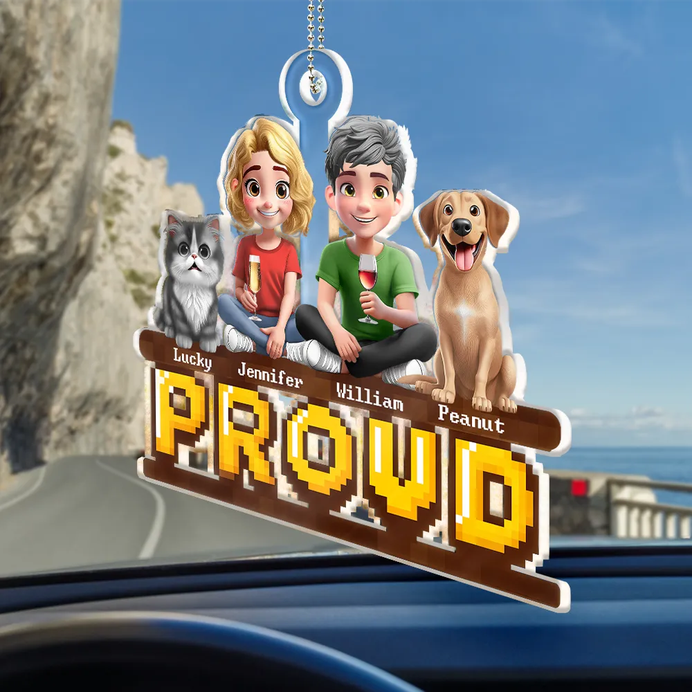 3D Couple With Dogs Cats - Personalized Acrylic Car Hanger - Image 2
