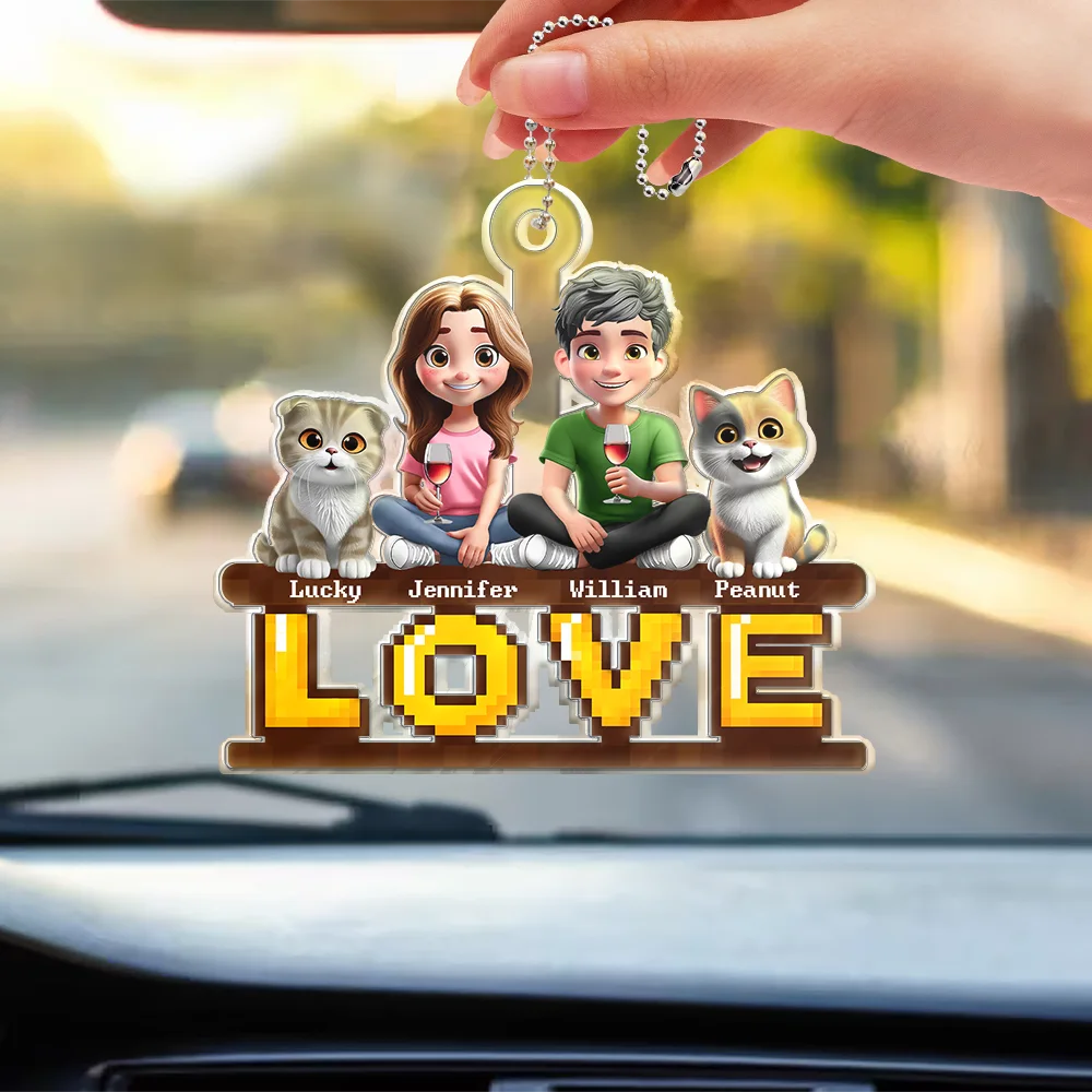 3D Couple With Dogs Cats - Personalized Acrylic Car Hanger - Image 3
