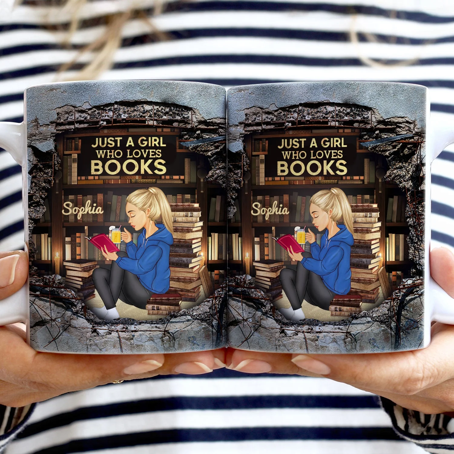 3D Cracked Wall Reading Girl - Gift For Book Lovers - Personalized White Edge-to-Edge Mug - Image 2