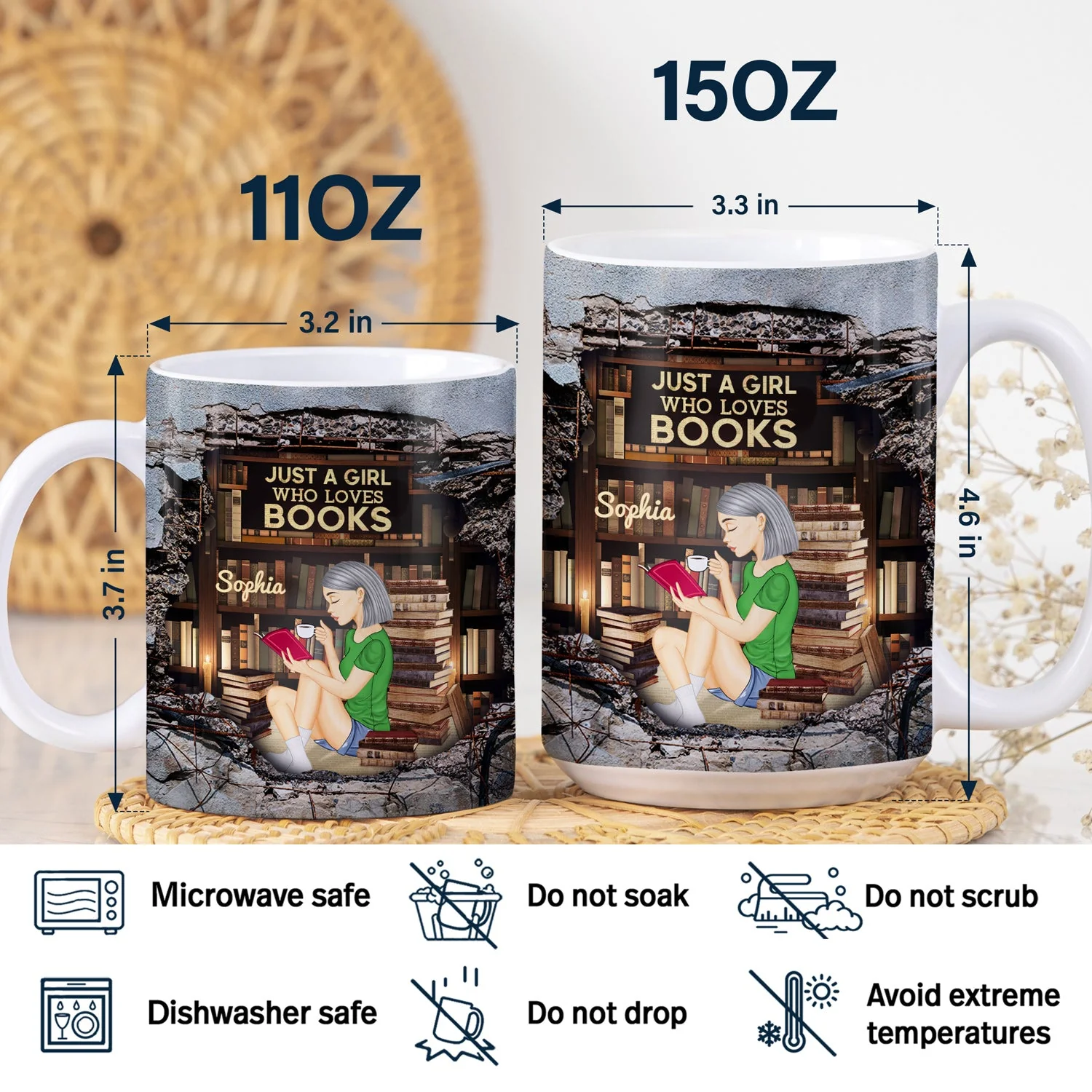 3D Cracked Wall Reading Girl - Gift For Book Lovers - Personalized White Edge-to-Edge Mug - Image 5