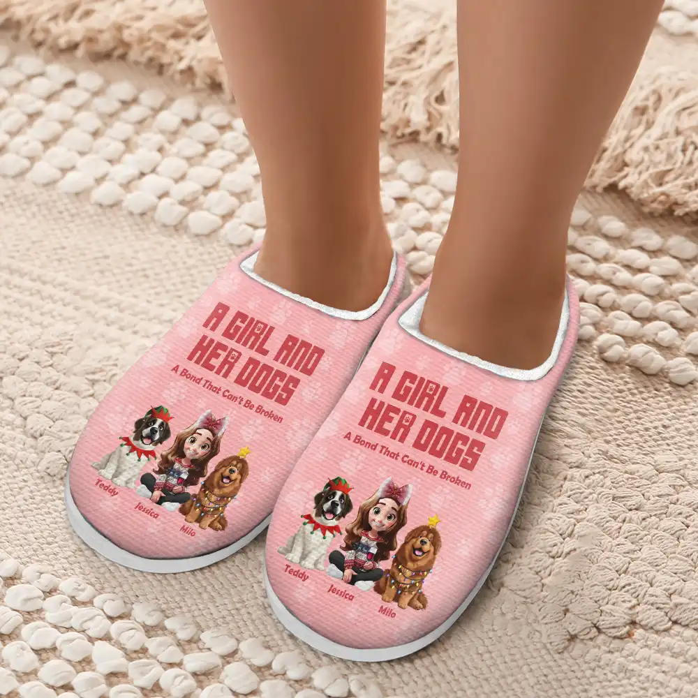 3D Effect A Girl And Her Dog - Personalized Fluffy Slippers - Image 4