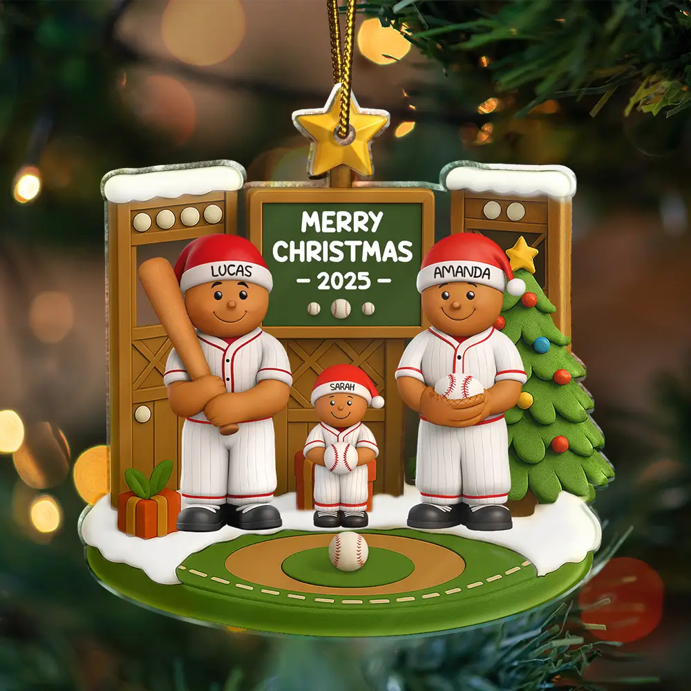3D Effect Baseball Gingerbread Family On Field - Personalized Custom Shaped Acrylic Ornament - Image 3