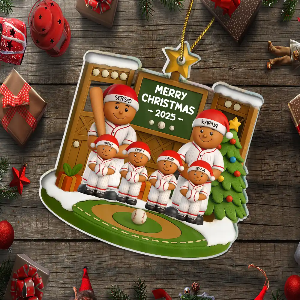 3D Effect Baseball Gingerbread Family On Field - Personalized Custom Shaped Acrylic Ornament - Image 5