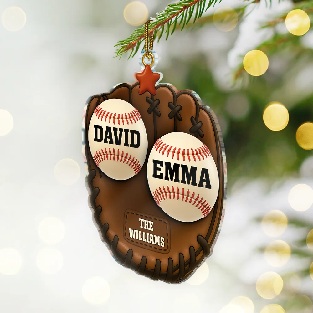 3D Effect Baseball Gloves Family Members' Names - Personalized Custom Shaped Acrylic Ornament - Image 2