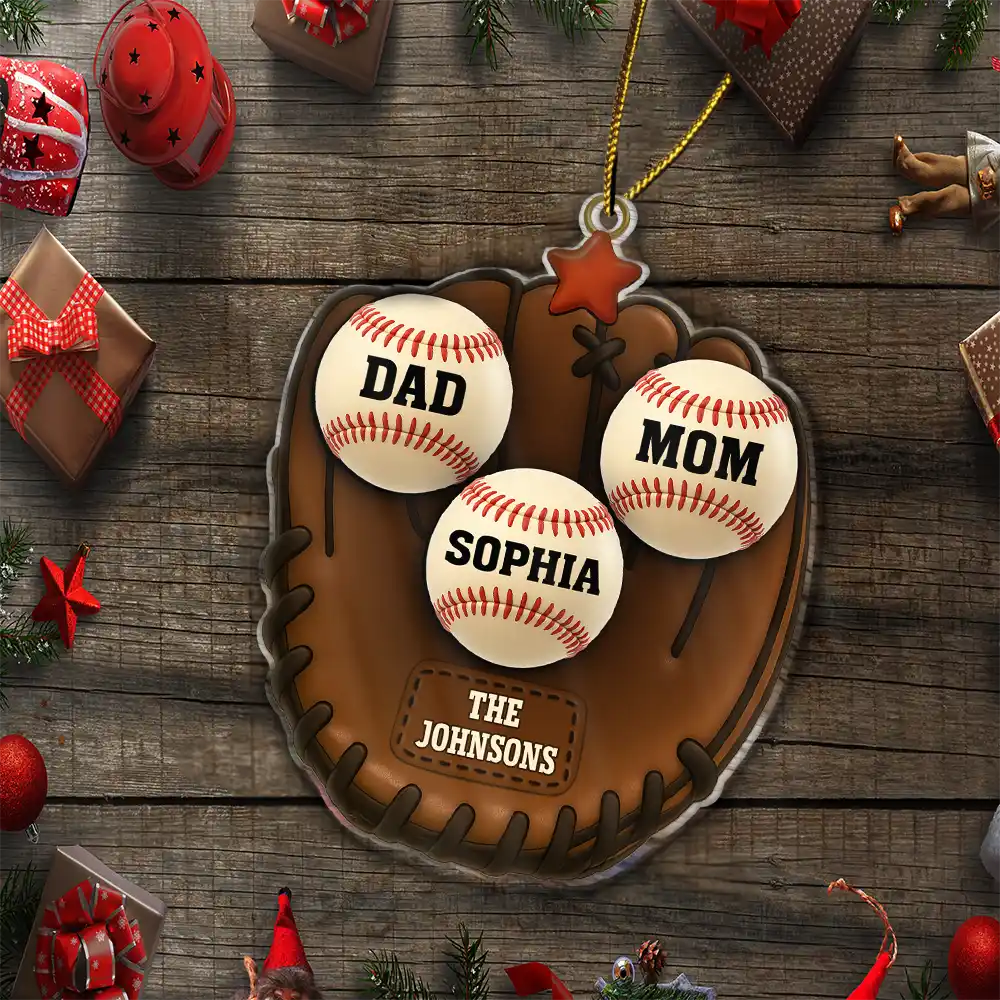 3D Effect Baseball Gloves Family Members' Names - Personalized Custom Shaped Acrylic Ornament - Image 5