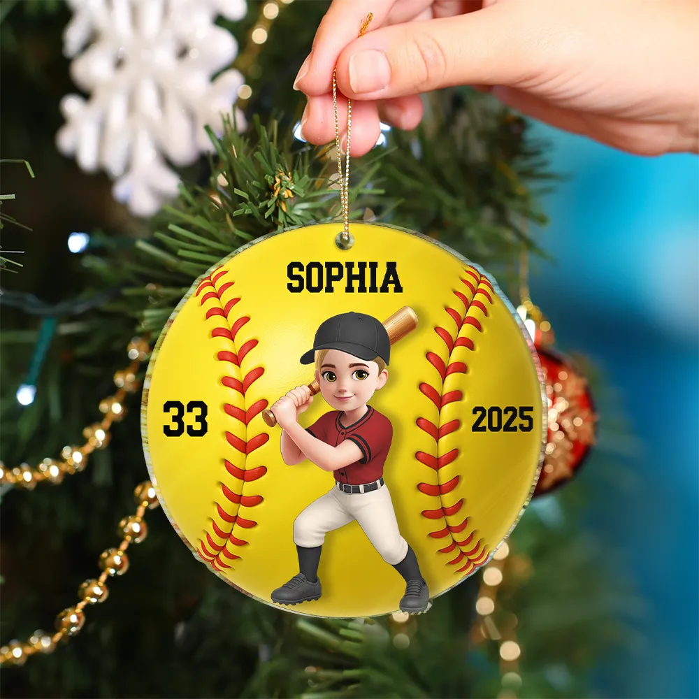 3D Effect Baseball Softball Girl Boy - Personalized Custom Shaped Acrylic Ornament - Image 4