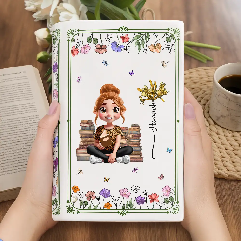 3D Effect Book Lovers Sitting With Birth Flowers - Personalized Ceramic Book Vase - Image 3