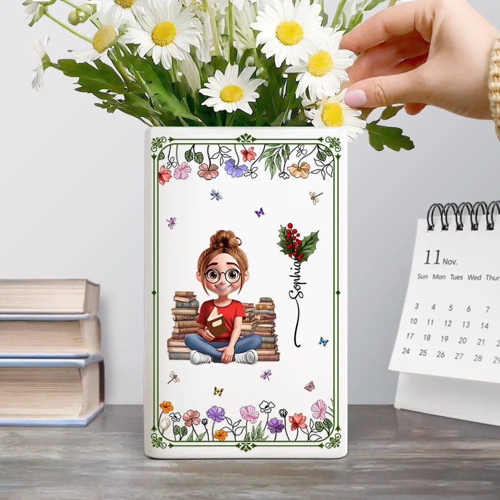 3D Effect Book Lovers Sitting With Birth Flowers - Personalized Ceramic Book Vase - Image 4
