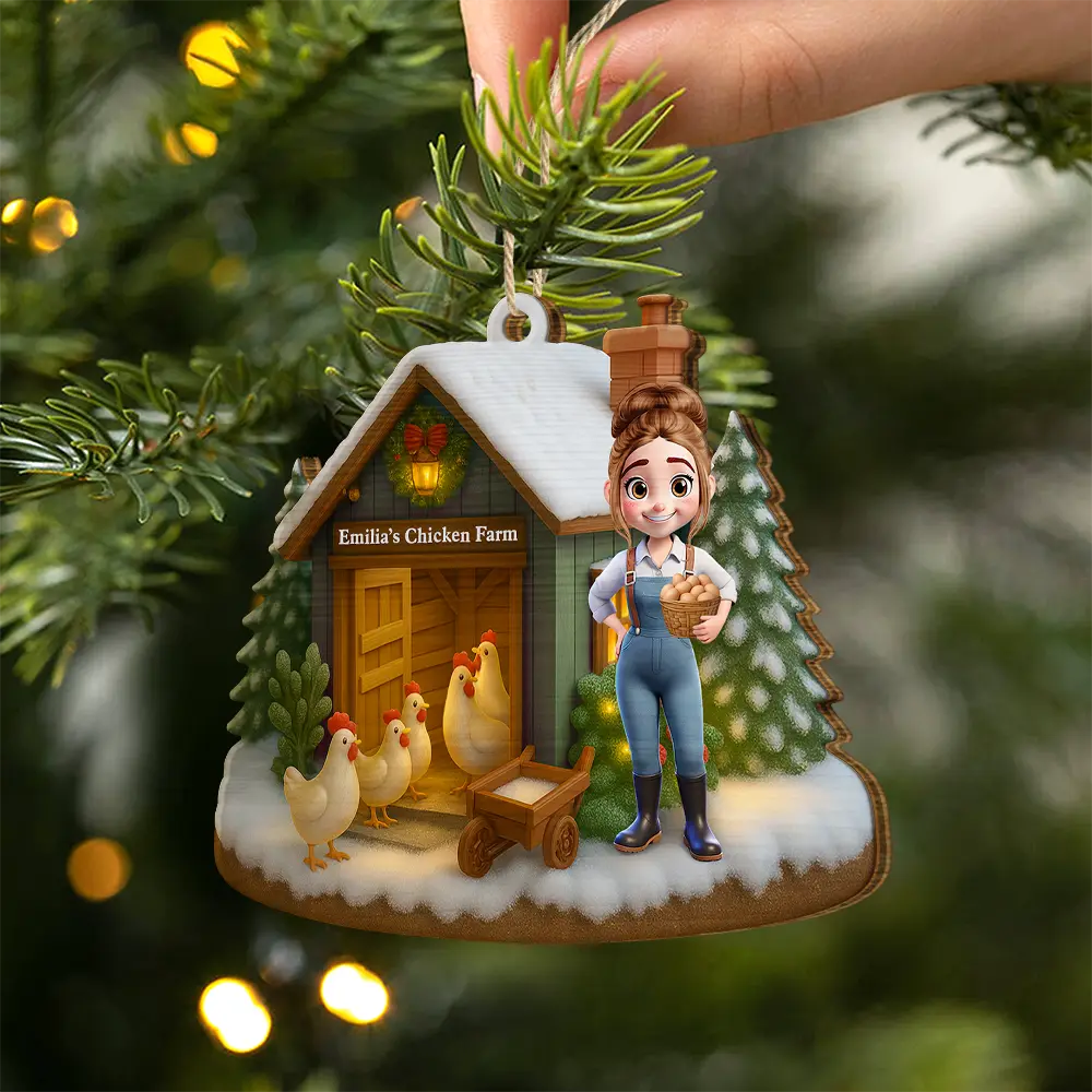 3D Effect Christmas Chicken Farm - Personalized Custom Shaped Wooden Ornament - Image 2
