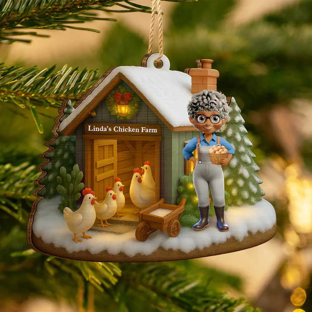 3D Effect Christmas Chicken Farm - Personalized Custom Shaped Wooden Ornament - Image 3