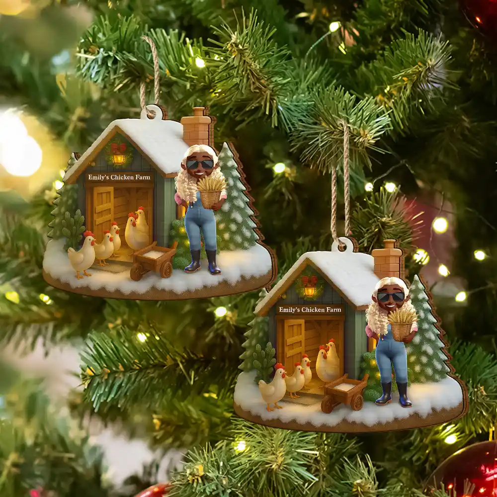 3D Effect Christmas Chicken Farm - Personalized Custom Shaped Wooden Ornament - Image 6