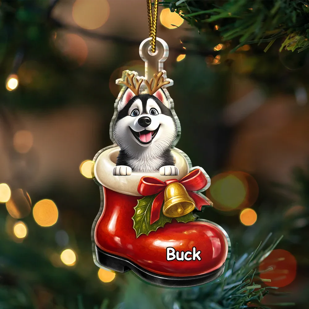 3D Effect Christmas Dog In The Boot - Personalized Custom Shaped Acrylic Ornament - Image 3