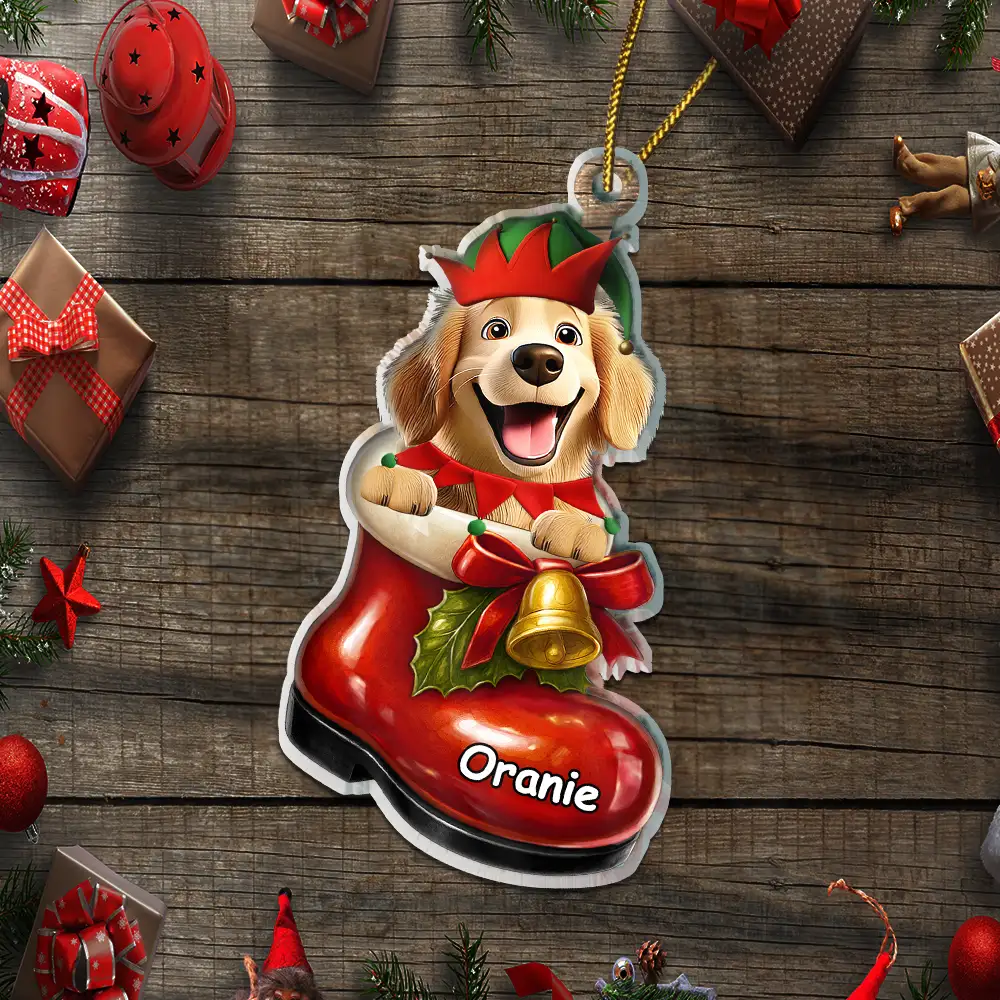 3D Effect Christmas Dog In The Boot - Personalized Custom Shaped Acrylic Ornament - Image 5