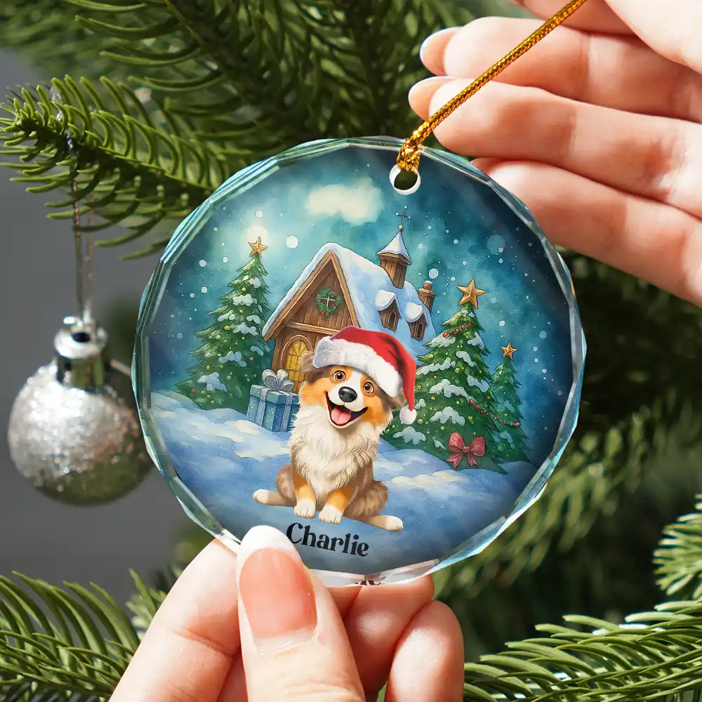 3D Effect Christmas Dog Merry Woofmas - Personalized Circle Glass Ornament - Image 2