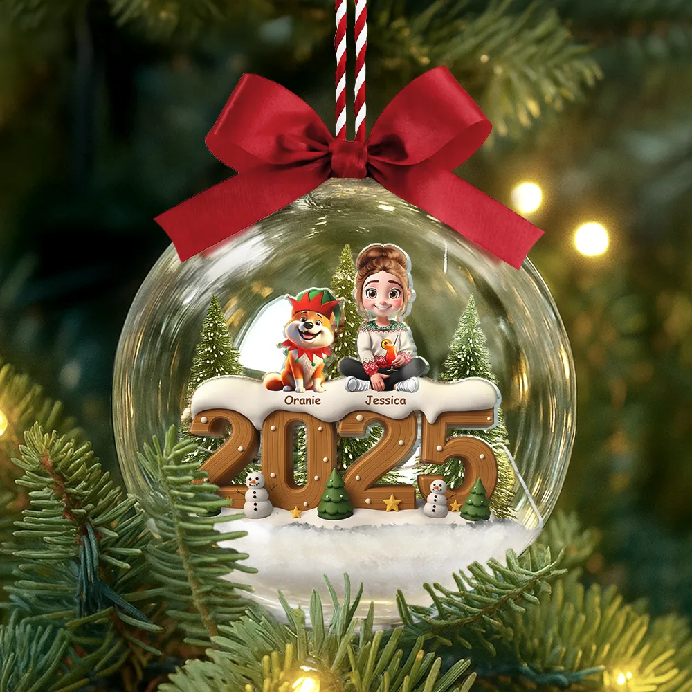 3D Effect Christmas Family And Dog Cat - Personalized 3D Acrylic Ball Ornament - Image 3