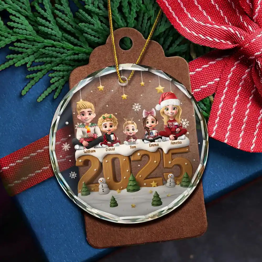 3D Effect Christmas Family And Dog Cat - Personalized Circle Glass Ornament - Image 5