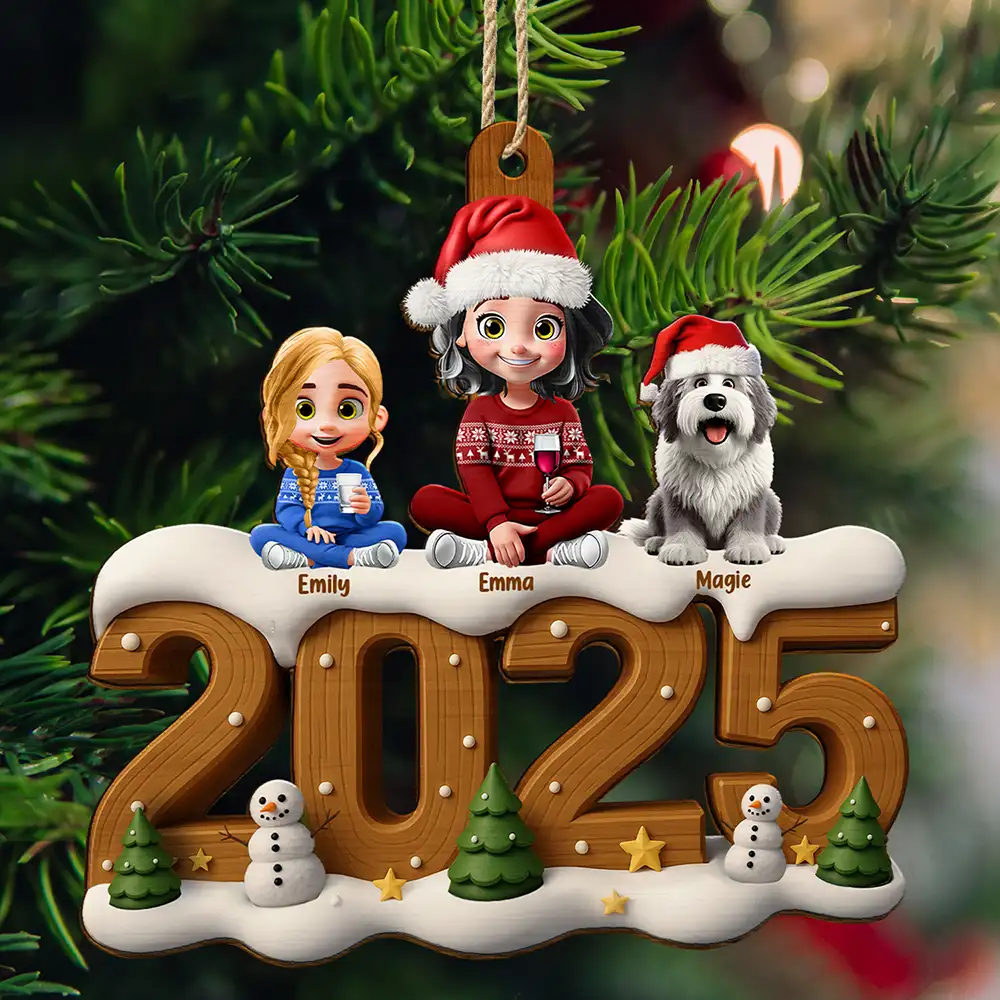 3D Effect Christmas Family And Dog Cat - Personalized Custom Shaped Wooden Ornament - Image 2