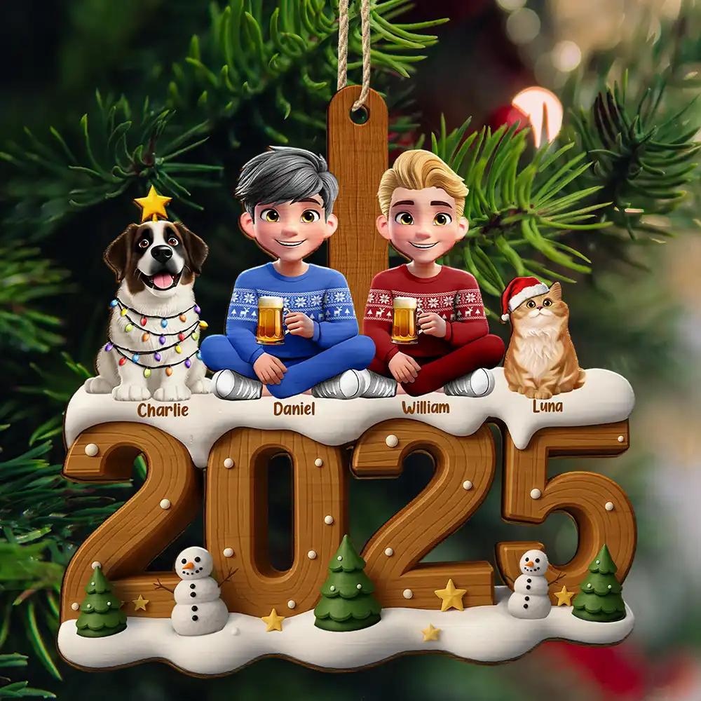3D Effect Christmas Family And Dog Cat - Personalized Custom Shaped Wooden Ornament - Image 3