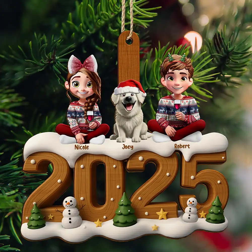 3D Effect Christmas Family And Dog Cat - Personalized Custom Shaped Wooden Ornament - Image 4