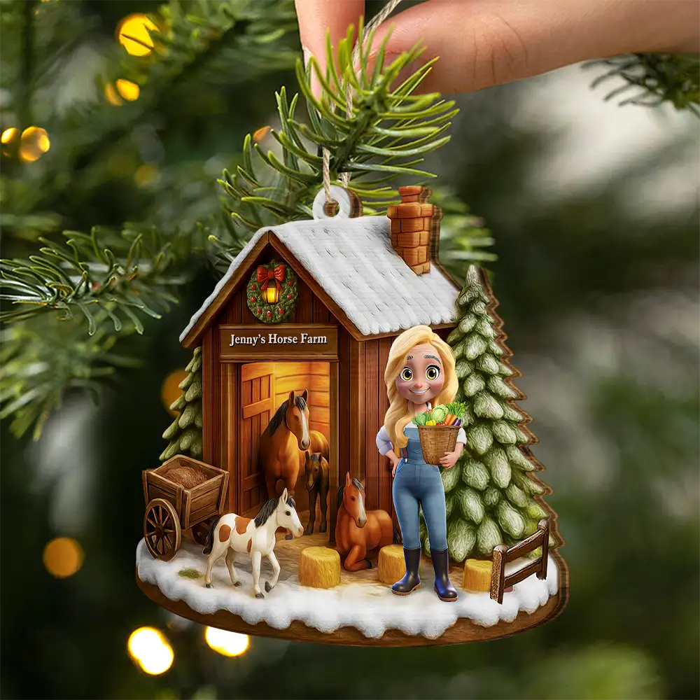 3D Effect Christmas Horse Farm - Personalized Custom Shaped Wooden Ornament - Image 2