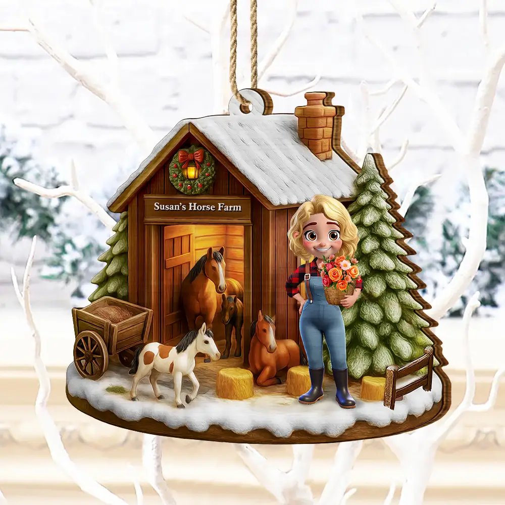 3D Effect Christmas Horse Farm - Personalized Custom Shaped Wooden Ornament - Image 4