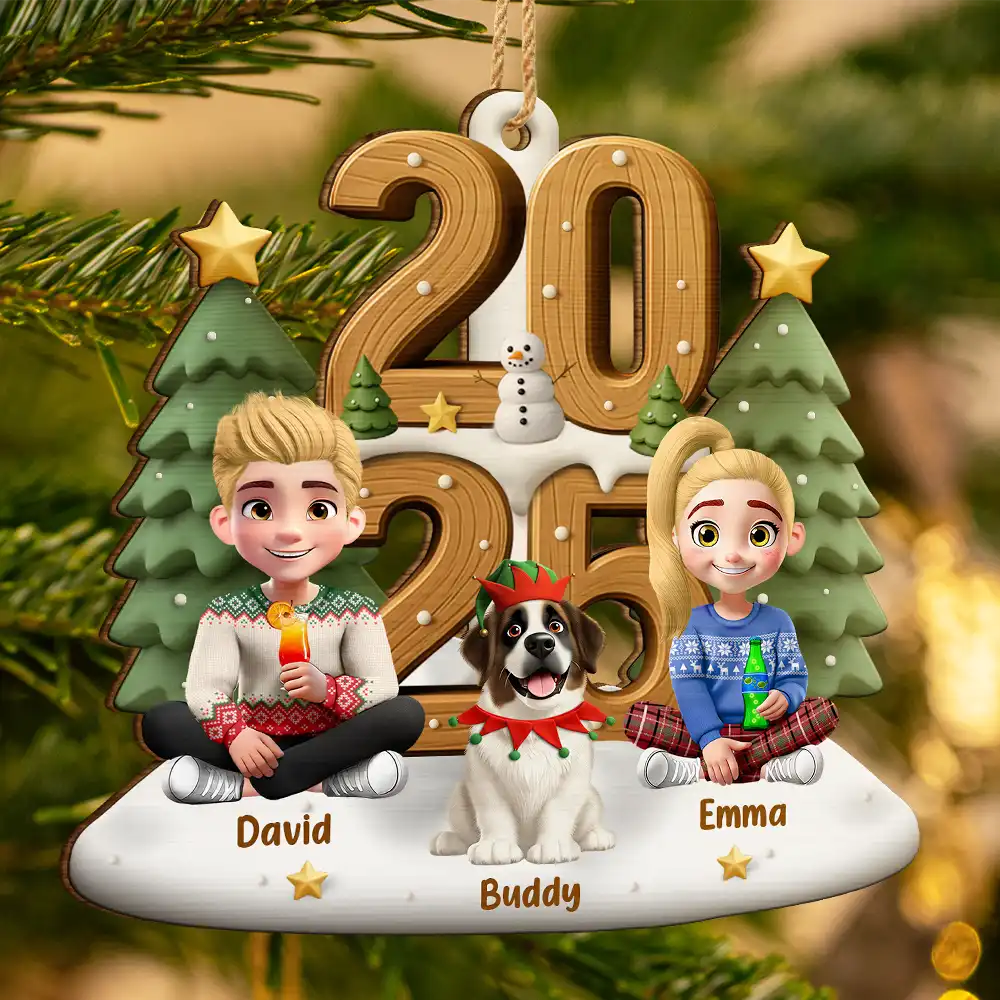 3D Effect Christmas Sitting Family - Personalized Custom Shaped Wooden Ornament - Image 3