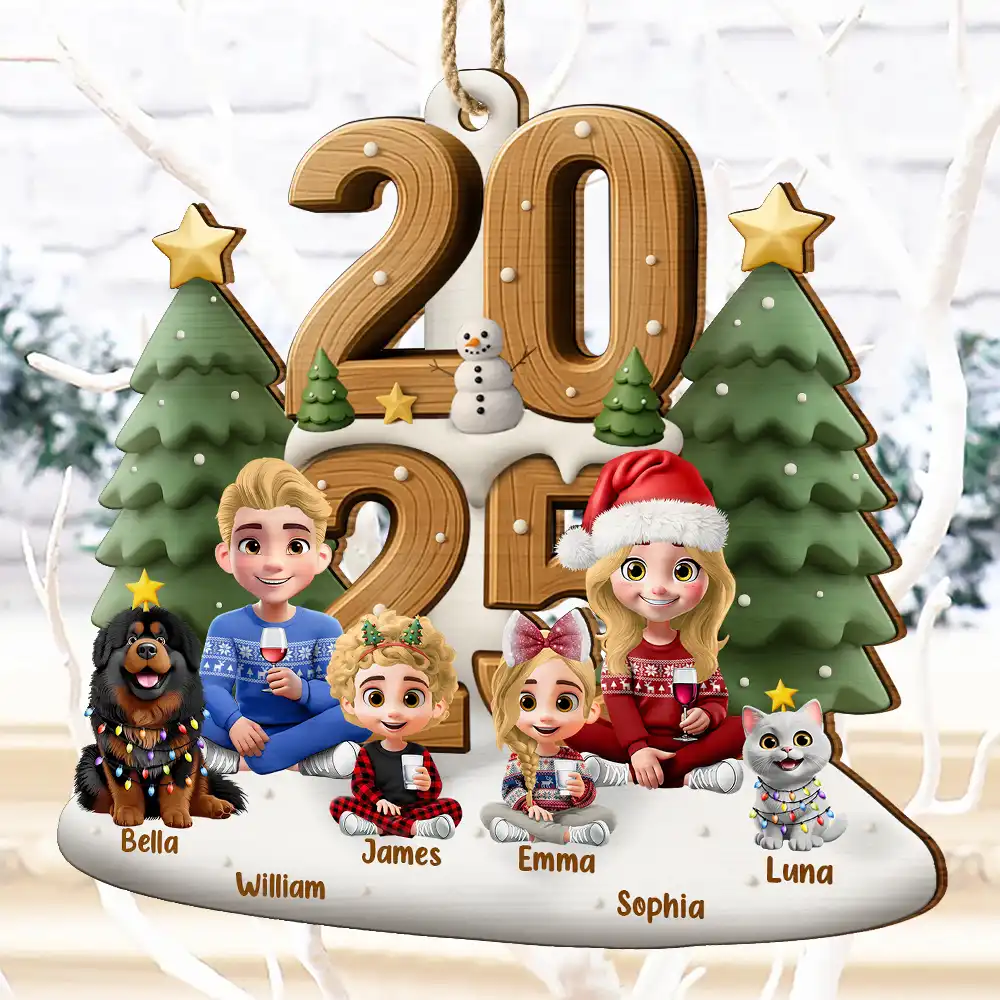 3D Effect Christmas Sitting Family - Personalized Custom Shaped Wooden Ornament - Image 4
