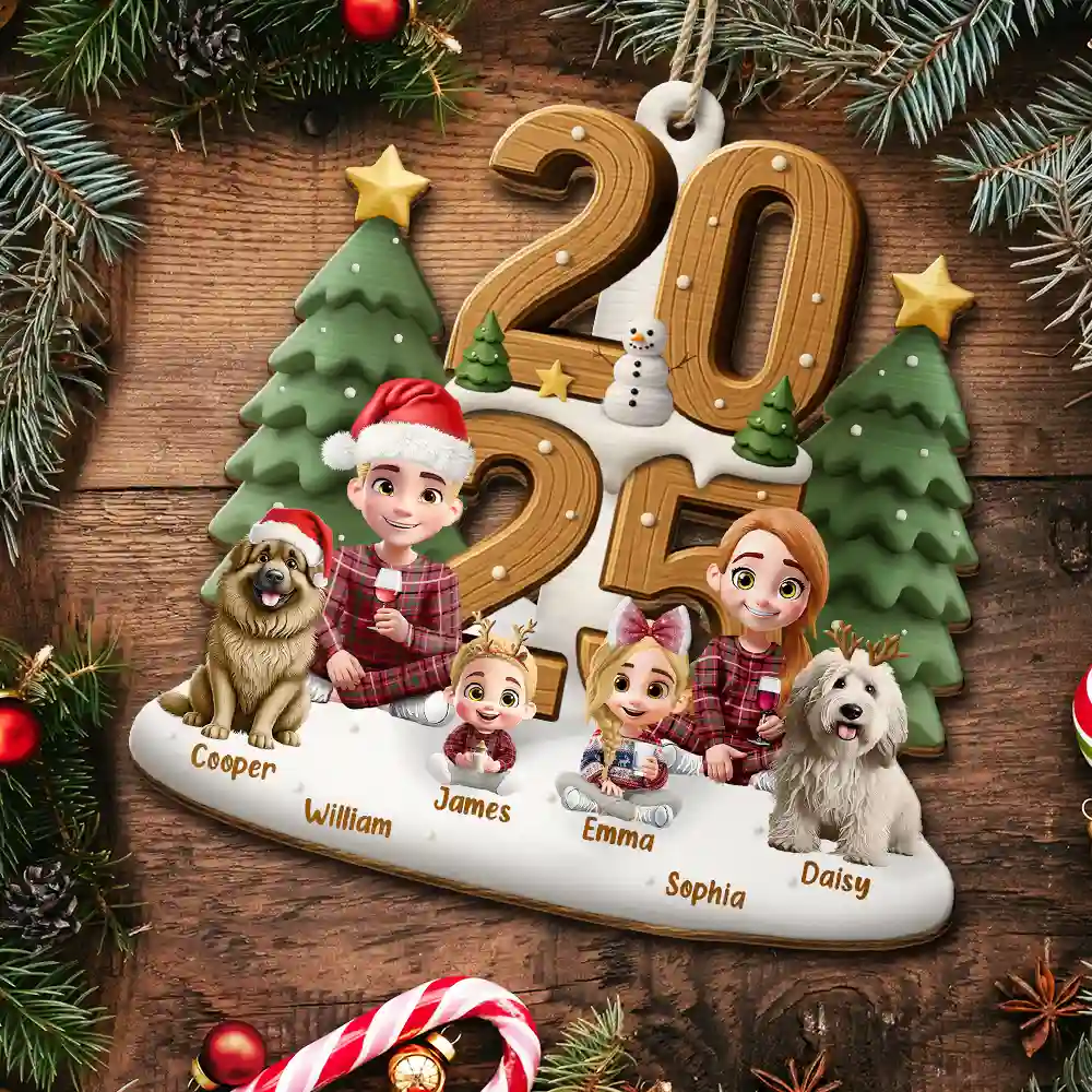 3D Effect Christmas Sitting Family - Personalized Custom Shaped Wooden Ornament - Image 5