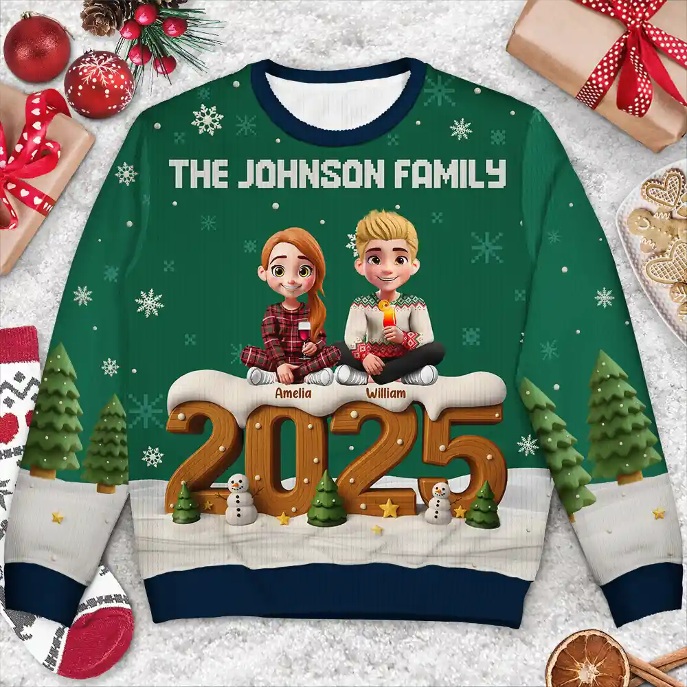 3D Effect Christmas Sitting Family - Personalized Unisex Ugly Sweater - Image 3