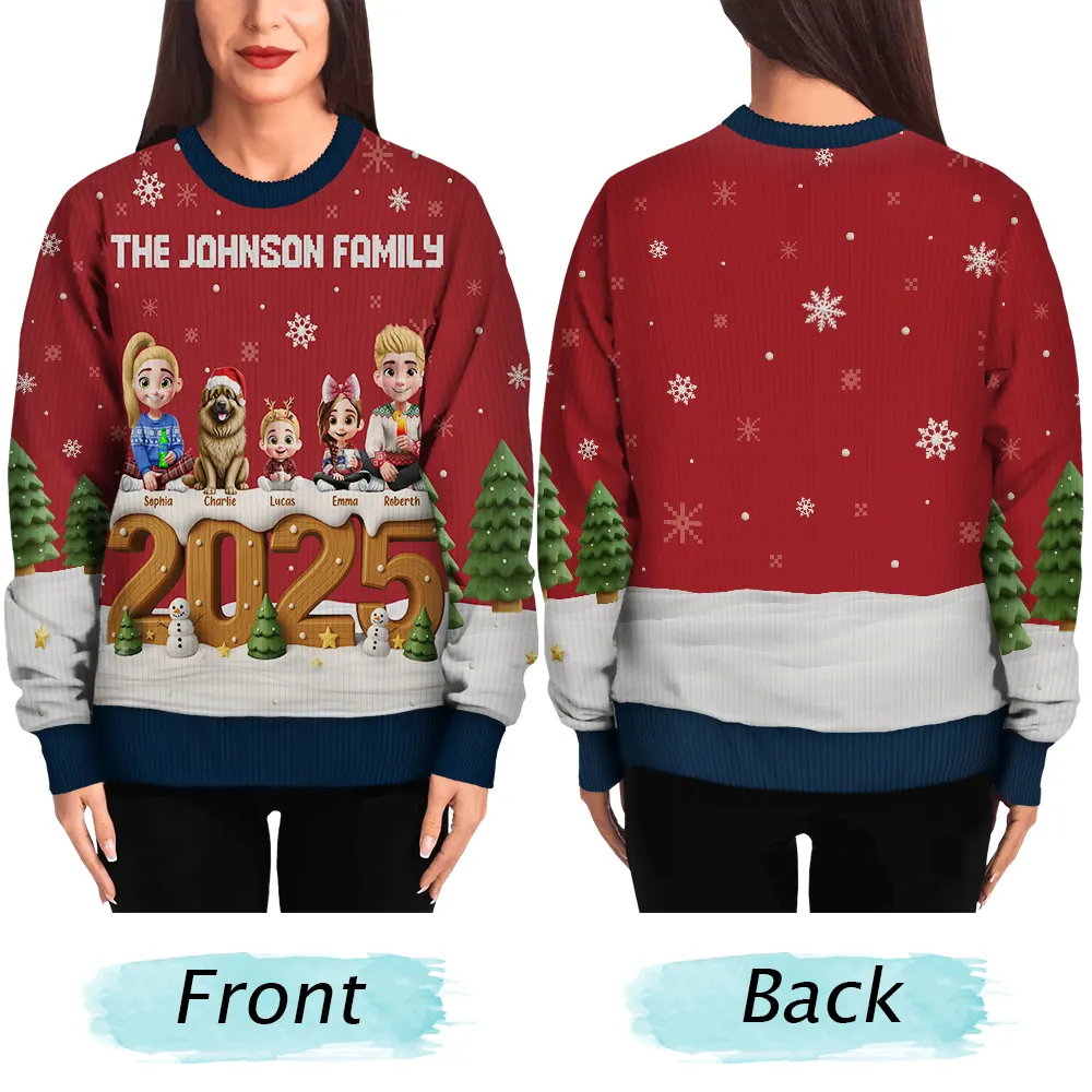 3D Effect Christmas Sitting Family - Personalized Unisex Ugly Sweater - Image 5