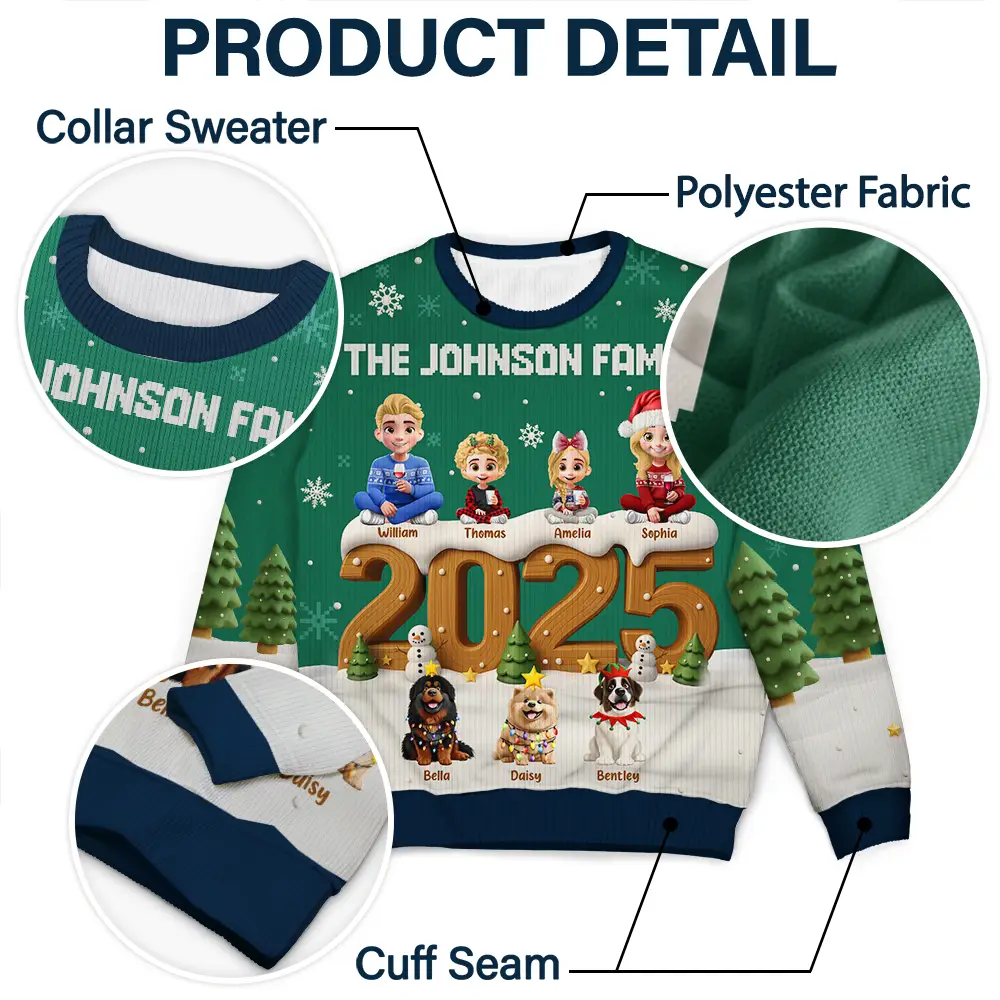 3D Effect Christmas Sitting Family - Personalized Unisex Ugly Sweater - Image 6