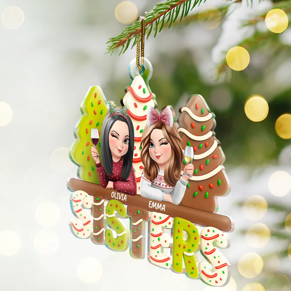 3D Effect Christmas Tree Cake Besties Sisters - Personalized Custom Shaped Acrylic Ornament - Image 2